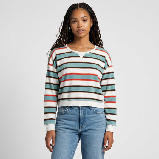 Model wearing a Lynn's Closet Boutique Abercrombie & Fitch striped velour sweatshirt with blue, red, and brown stripes.