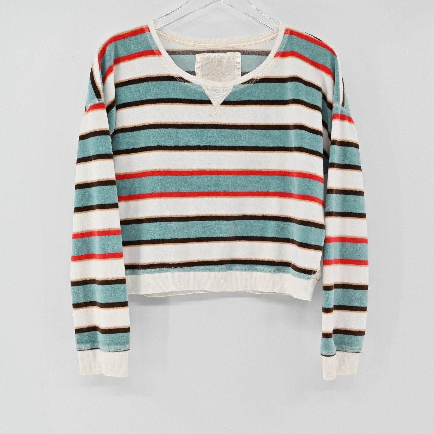 Lynn's Closet Boutique Abercrombie & Fitch striped velour sweatshirt with teal, red, and brown stripes on white.