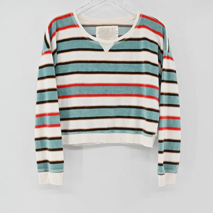 Lynn's Closet Boutique Abercrombie & Fitch striped velour sweatshirt with teal, red, and brown stripes on white.