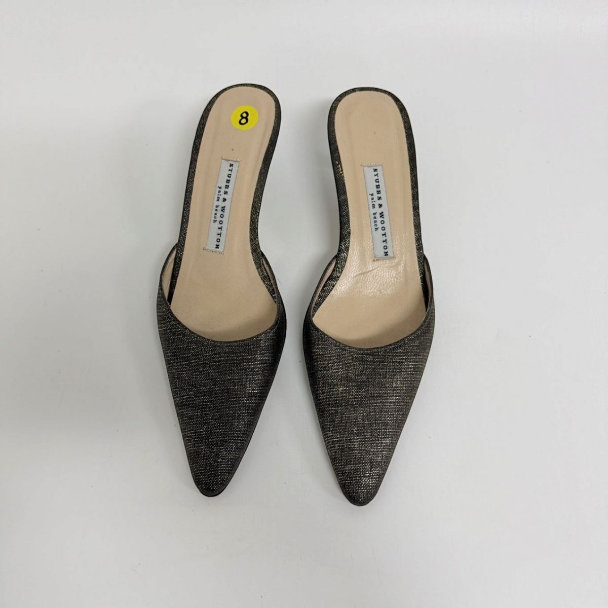 Lynn's Closet Boutique Stubbs & Wootton metallic gold pointed-toe kitten heel mules in size 8.