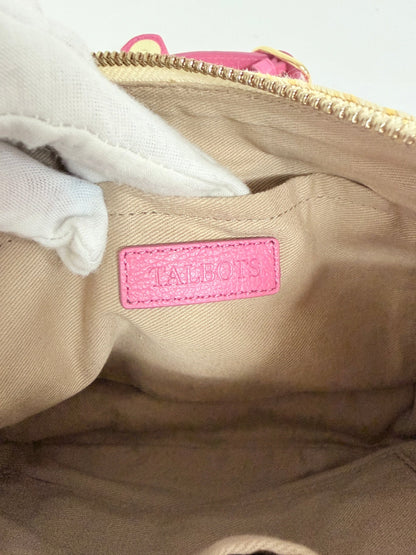 Interior of Lynn's Closet Boutique Talbots raffia crossbody bag showing a pink leather logo patch and neutral lining