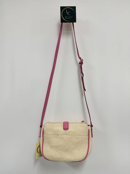 Lynn's Closet Boutique Talbots raffia crossbody bag with vibrant pink trim, adjustable strap, and zip-top closure.