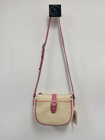 Lynn's Closet Boutique Talbots raffia crossbody bag in natural straw with vibrant pink trim and buckle detail.