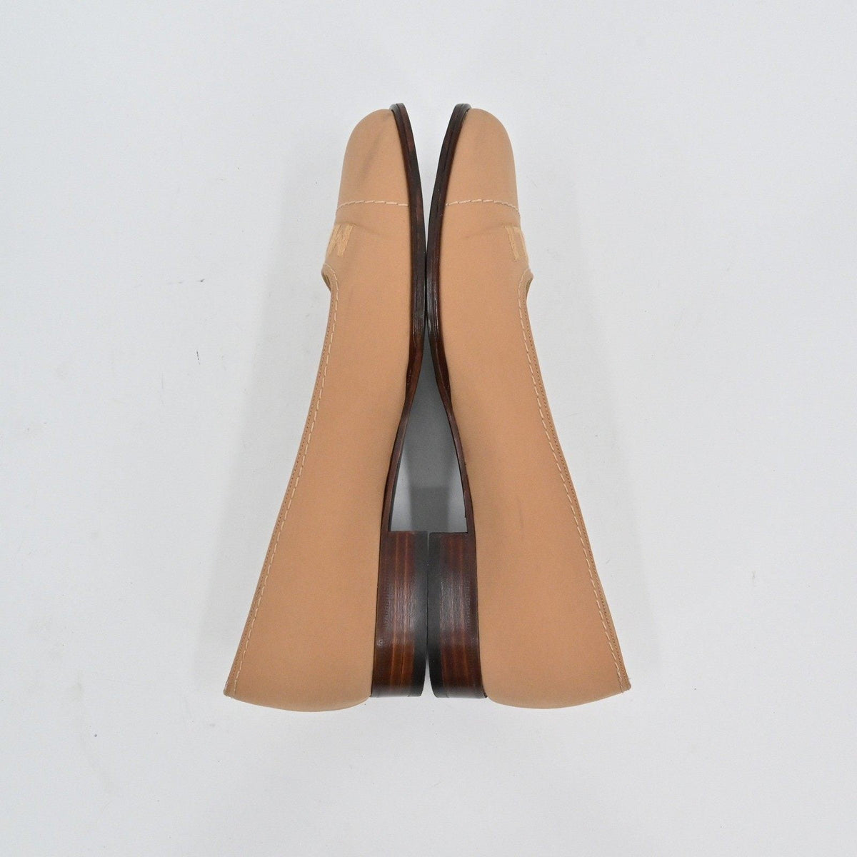 Lynn's Closet Boutique Bruno Magli tan leather loafer pumps with low block heels and embossed logo detail