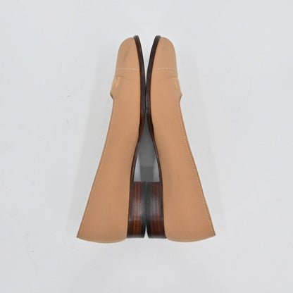 Lynn's Closet Boutique Bruno Magli tan leather loafer pumps with low block heels and embossed logo detail