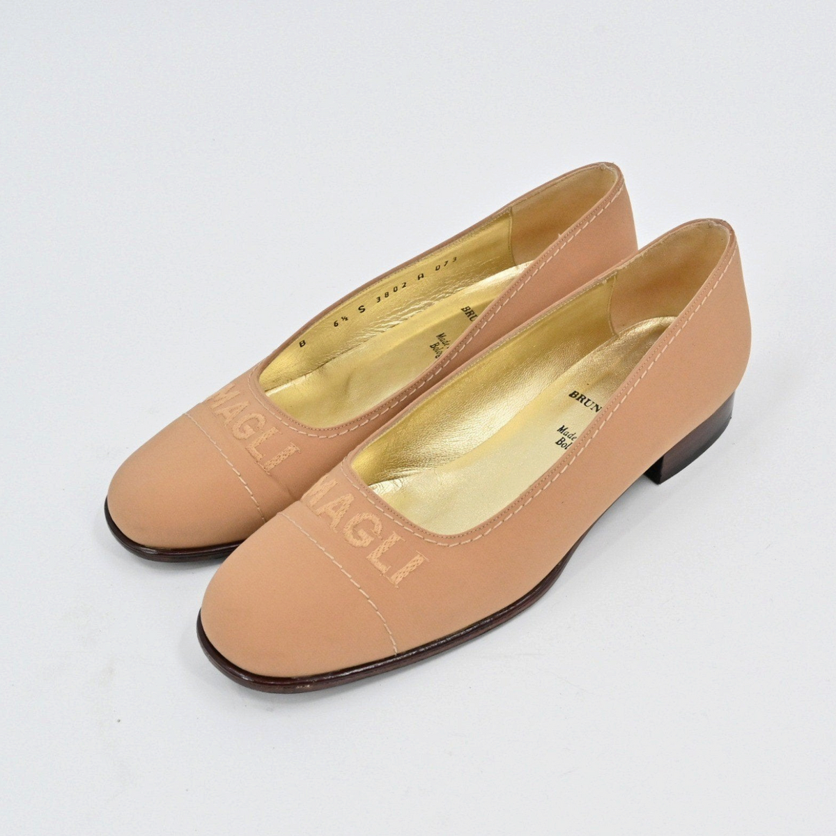 Lynn's Closet Boutique tan leather Bruno Magli loafer pumps with low heels and embossed logo detail
