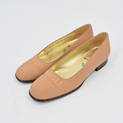 Lynn's Closet Boutique tan leather Bruno Magli loafer pumps with low heels and embossed logo detail