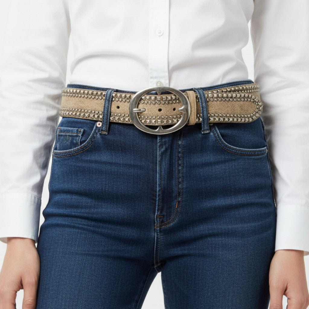 Lynn's Closet Boutique tan studded belt with silver buckle and buckle detail, size 34