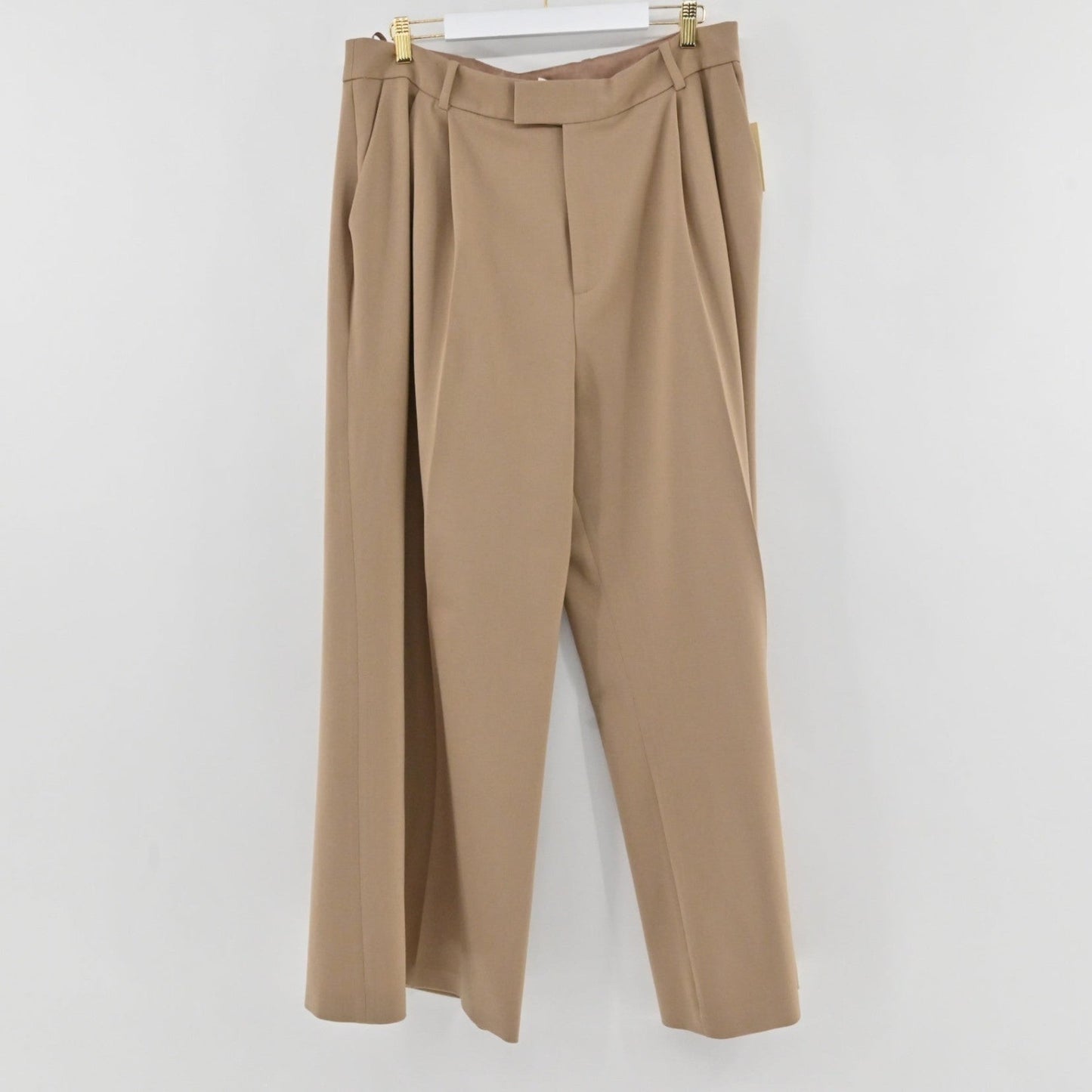 Lynn's Closet Boutique Ted Baker tan wool-blend wide-leg trousers with front pleats hanging on a white background