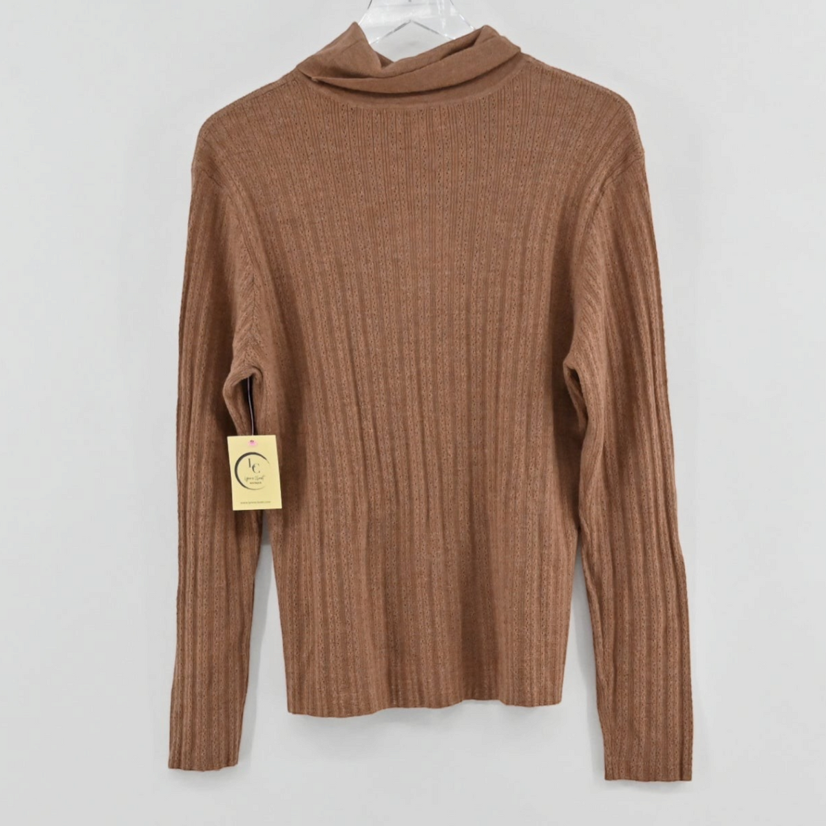 Lynn's Closet Boutique camel turtleneck sweater with a delicate ribbed knit texture in a size 1X fit.