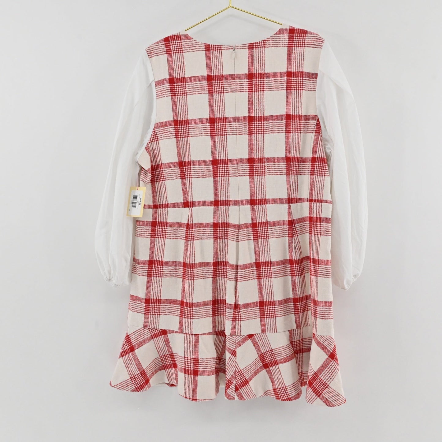 Lynn's Closet Boutique Tanya Taylor Gemma dress in red and cream plaid with white puff sleeves and a ruffled hem.