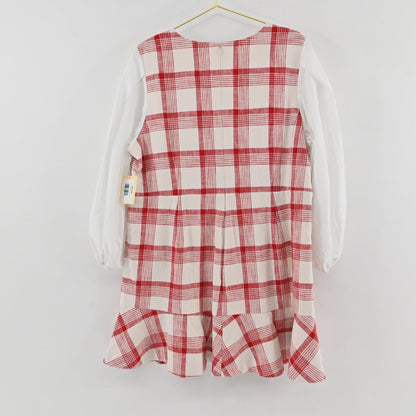 Lynn's Closet Boutique Tanya Taylor Gemma dress in red and cream plaid with white puff sleeves and a ruffled hem.
