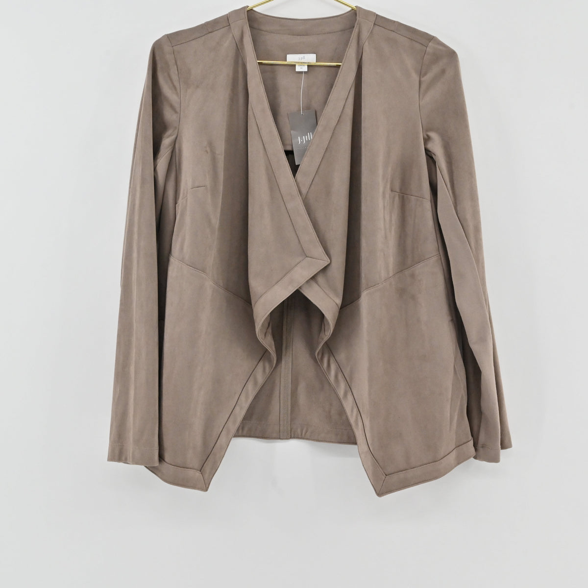 Lynn's Closet Boutique J.Jill sandalwood taupe faux suede jacket with an open-front waterfall drape design.