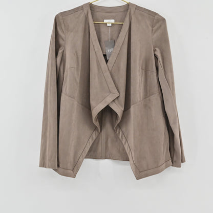 Lynn's Closet Boutique J.Jill sandalwood taupe faux suede jacket with an open-front waterfall drape design.