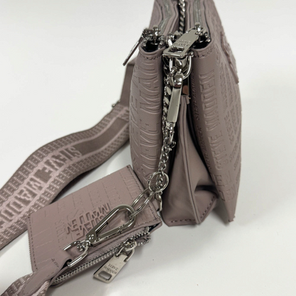 Lynn's Closet Boutique Steve Madden taupe crossbody bag with embossed logo, silver hardware, and detachable coin purse