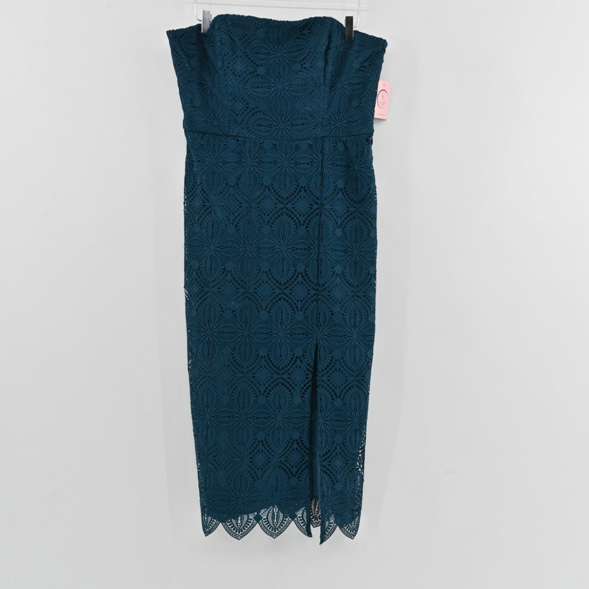Lynn's Closet Boutique Trina Turk teal lace midi dress with strapless bodice, front slit, and scalloped hem.
