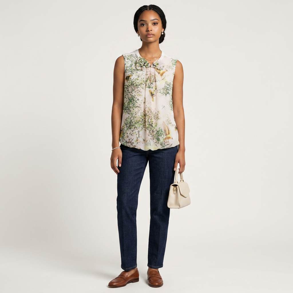 Model wearing a Lynn's Closet Boutique Ted Baker sleeveless floral top with bird print and bow detail, paired with jeans