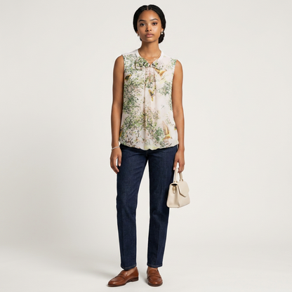 Model wearing a Lynn's Closet Boutique Ted Baker sleeveless floral top with bird print and bow detail, paired with jeans