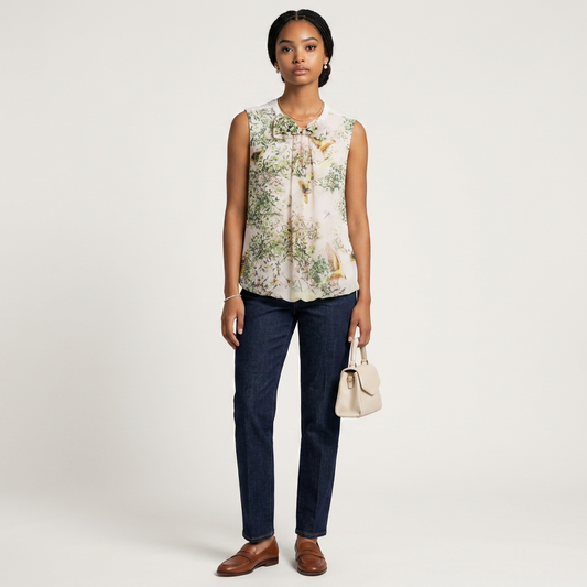 Model wearing a Lynn's Closet Boutique Ted Baker sleeveless floral top with bird print and bow detail, paired with jeans