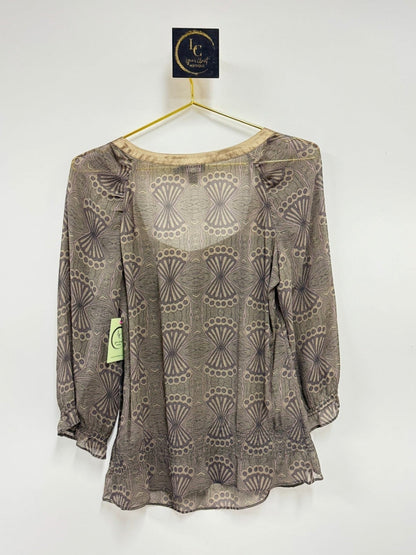 Lynn's Closet Boutique Ted Baker silk top with geometric fan print, square neckline, and satin trim in muted tones.