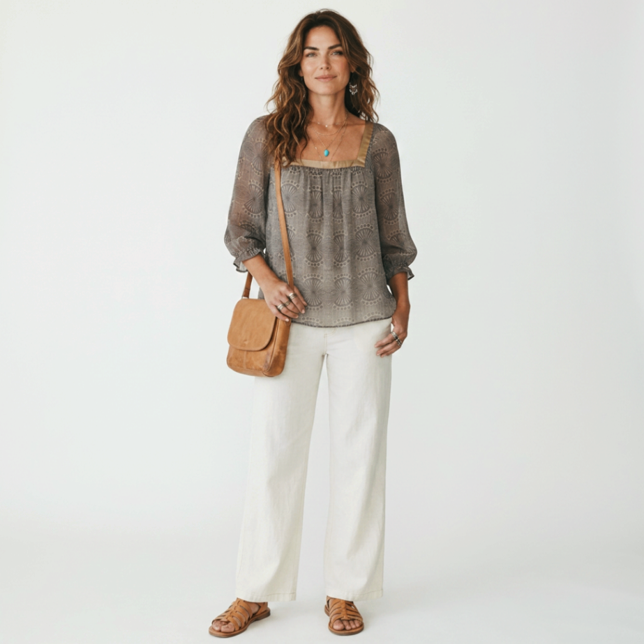 Model wearing a Lynn's Closet Boutique Ted Baker silk top with geometric fan print, square neckline, and 3/4 sleeves.
