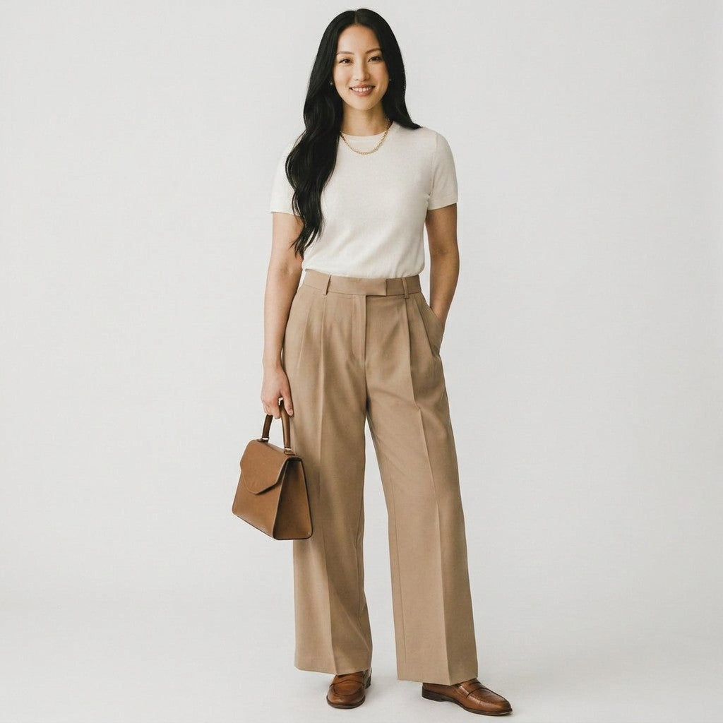 A model wearing Lynn's Closet Boutique Ted Baker tan wool wide-leg trousers with a white tee and brown loafers.