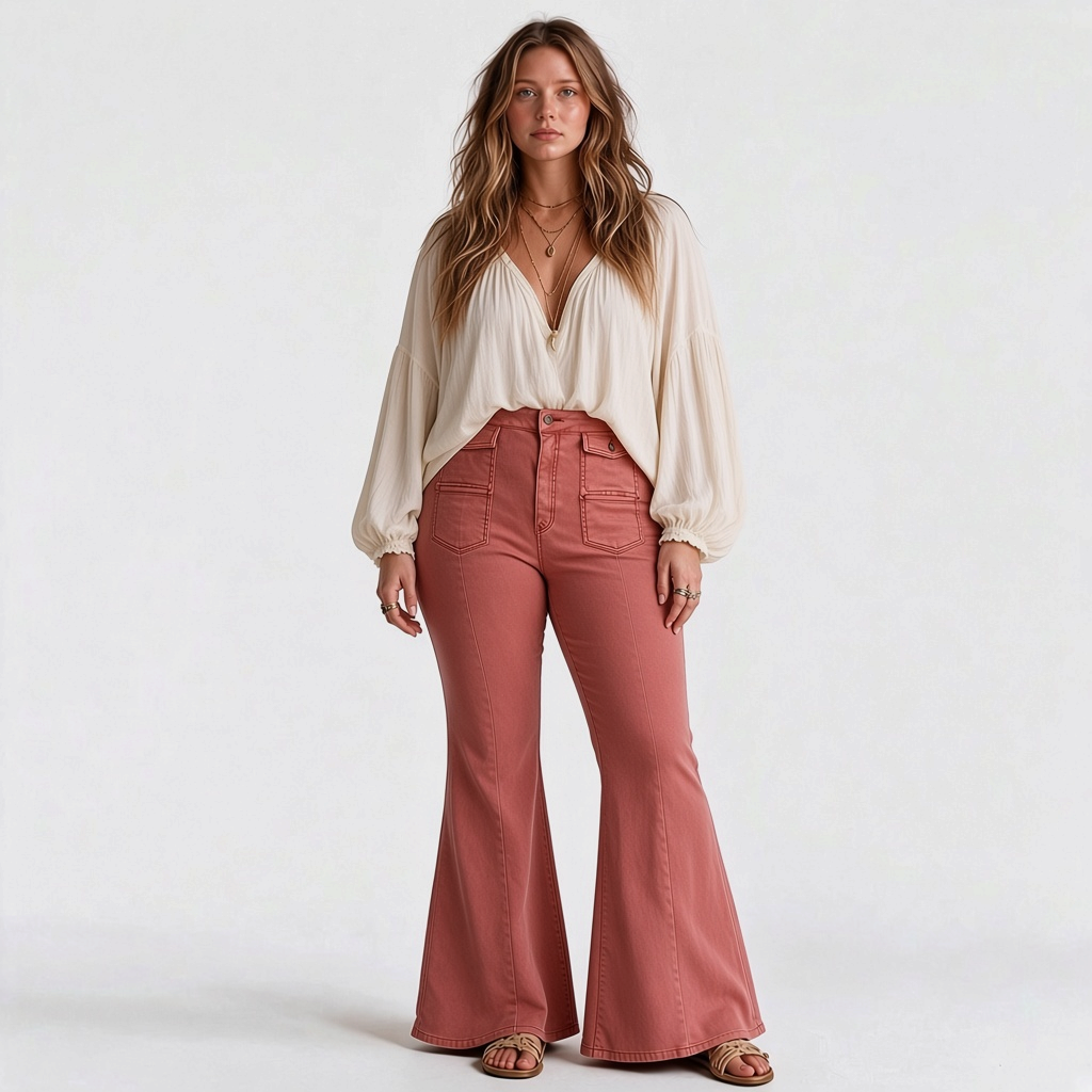 Model wearing Lynn's Closet Boutique Free People terra cotta wide-leg flare pants with front button-flap pockets.