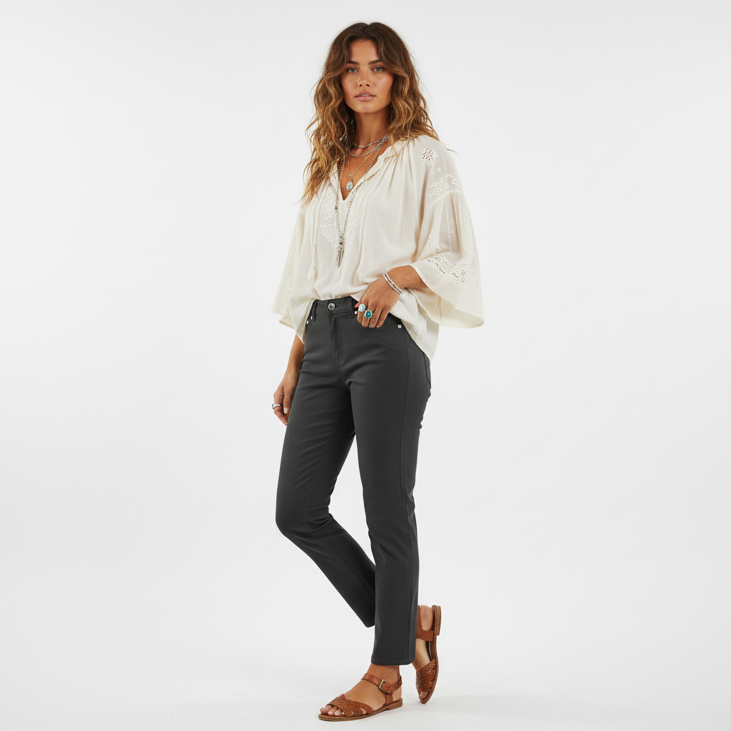 Model wearing Lynn's Closet Boutique Thakoon slate grey cropped jeans with a white bohemian blouse and brown sandals.