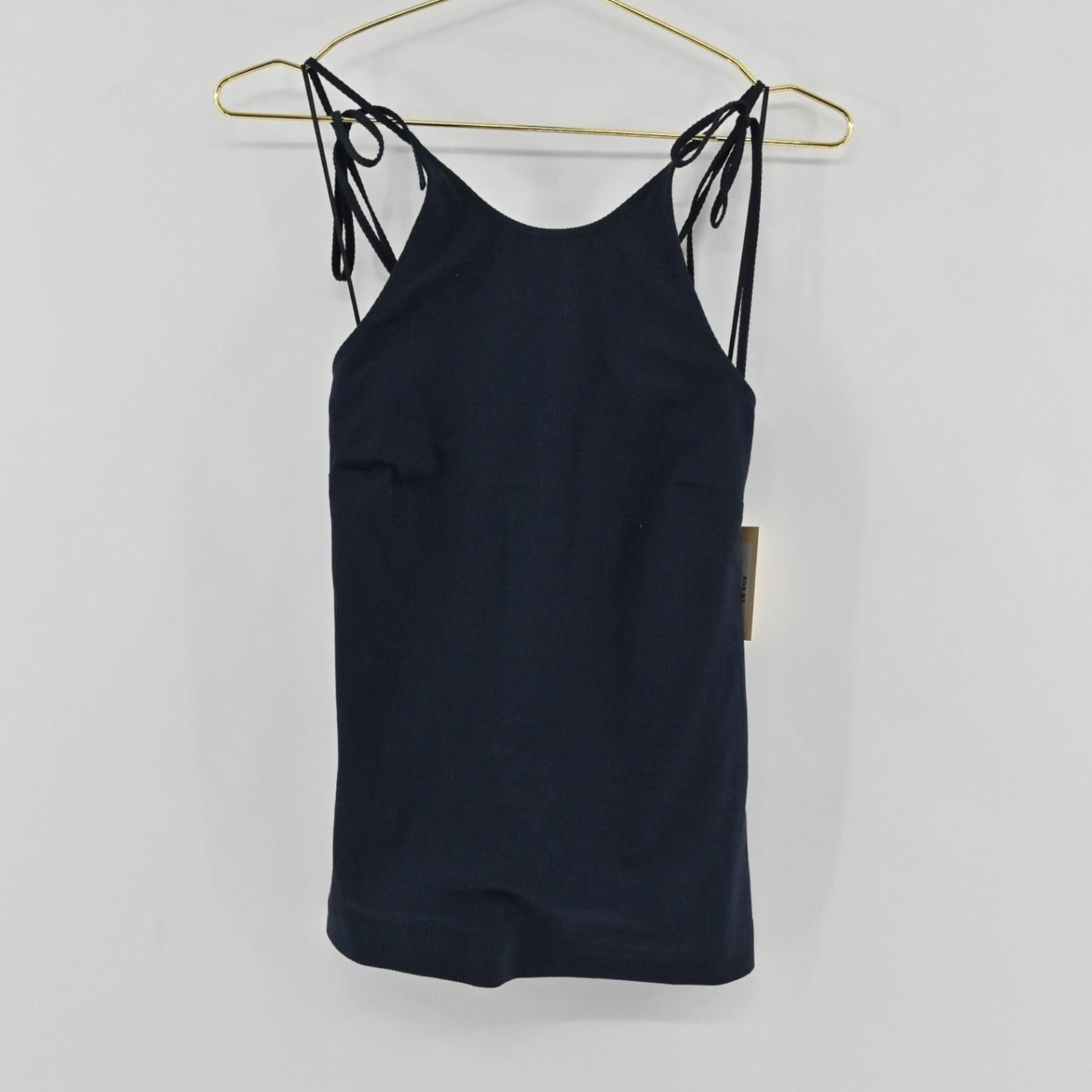 Lynn's Closet Boutique Theory Hartmann navy blue ribbed sleeveless top with adjustable tie-shoulder straps