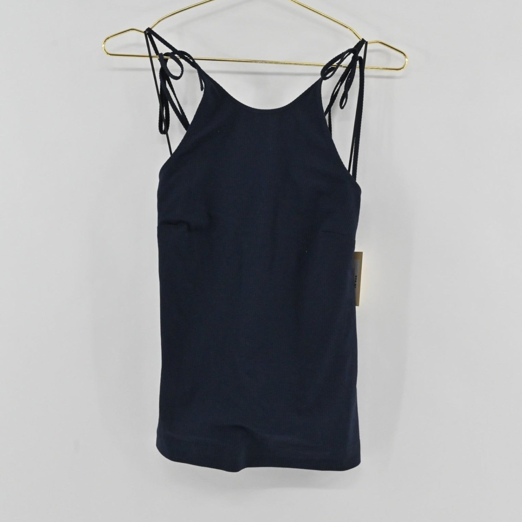 Lynn's Closet Boutique Theory Hartmann navy blue ribbed sleeveless top with adjustable tie-shoulder straps