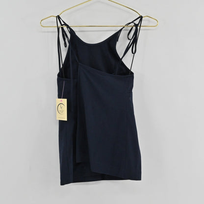 Lynn's Closet Boutique Theory Hartmann navy ribbed sleeveless top with adjustable tie-shoulder straps on a hanger