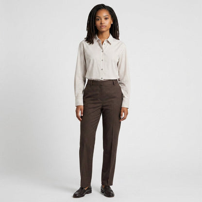 Lynn's Closet Boutique Theory tan and white vertical striped button-down shirt worn by a model with brown trousers