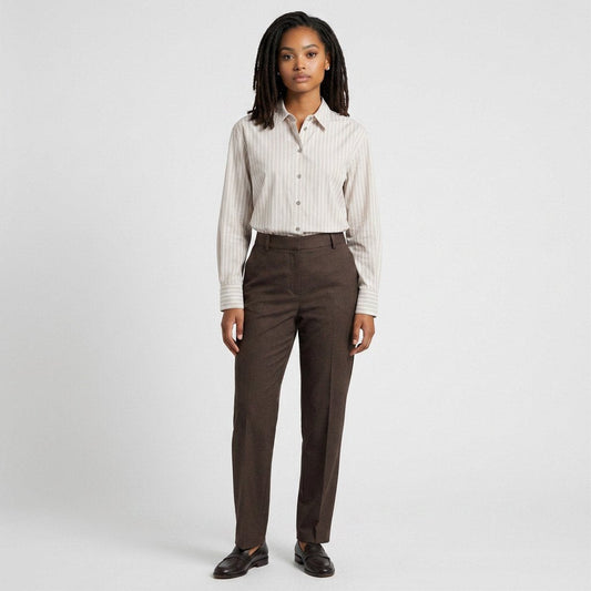Lynn's Closet Boutique Theory tan and white vertical striped button-down shirt worn by a model with brown trousers