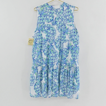 Lynn's Closet Boutique sleeveless tiered dress with a blue and green star print on a white background