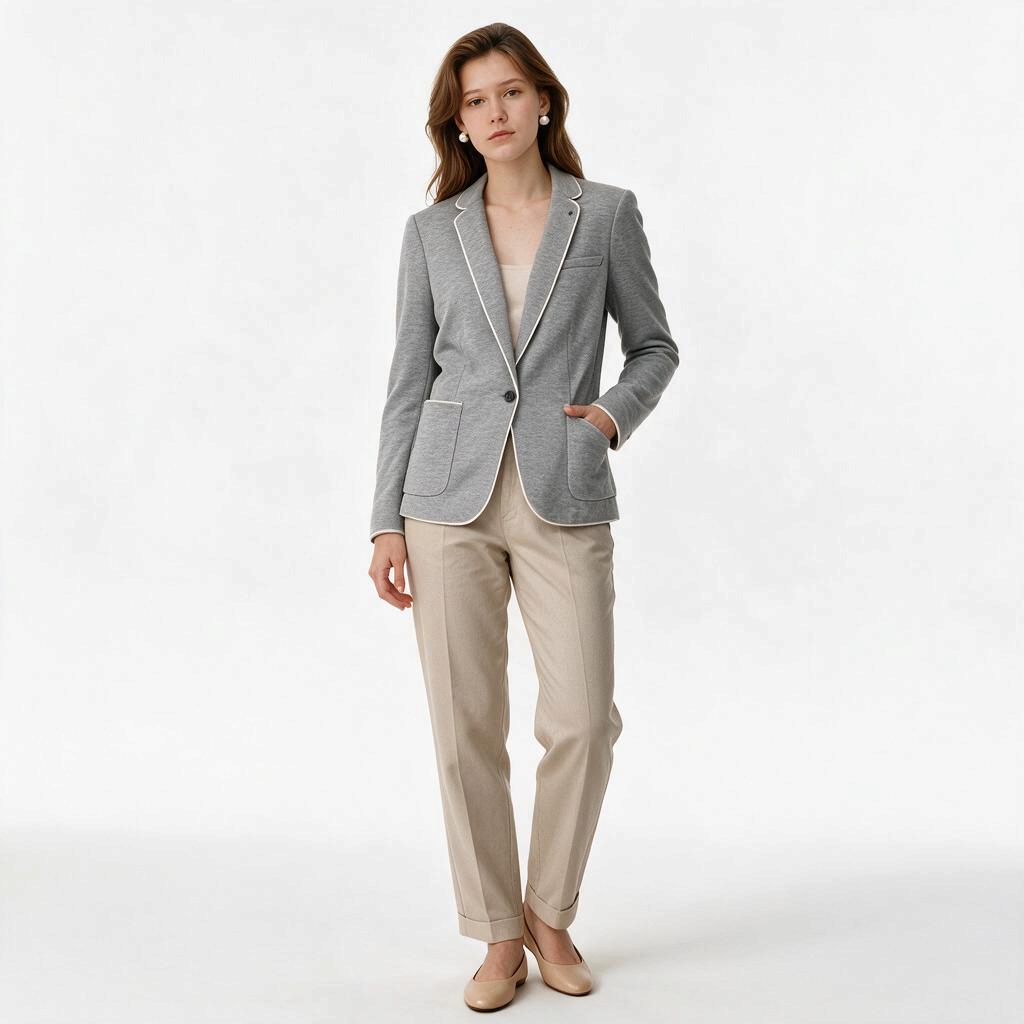 Lynn's Closet Boutique Tommy Hilfiger gray knit blazer with white piping worn by a model with beige trousers