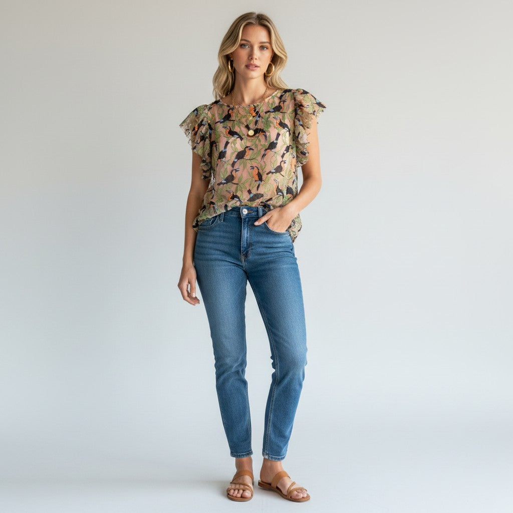 Lynn's Closet Boutique Toucan Mesh Top with ruffled sleeves and a round neckline. Size XS.