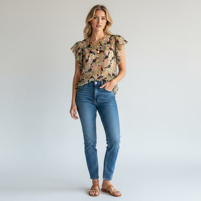Lynn's Closet Boutique Toucan Mesh Top with ruffled sleeves and a round neckline. Size XS.