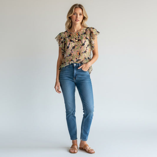 Lynn's Closet Boutique Toucan Mesh Top with ruffled sleeves and a round neckline. Size XS.