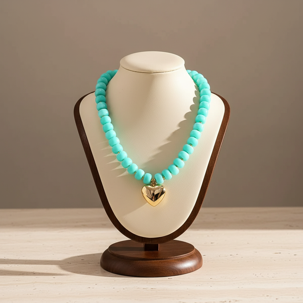 Lynn's Closet Boutique turquoise chunky acrylic bead necklace with a polished gold-tone heart pendant on a display