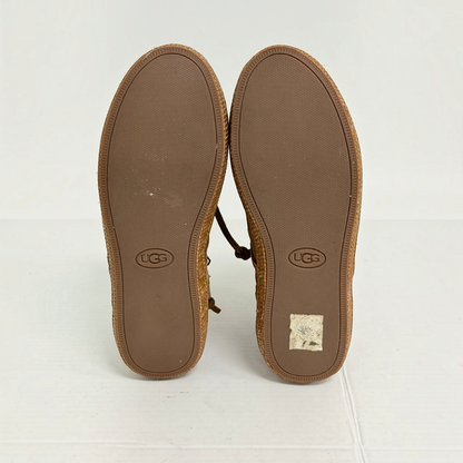 Lynn's Closet Boutique UGG brown suede moccasin boots showing the textured rubber outsoles with brand logo