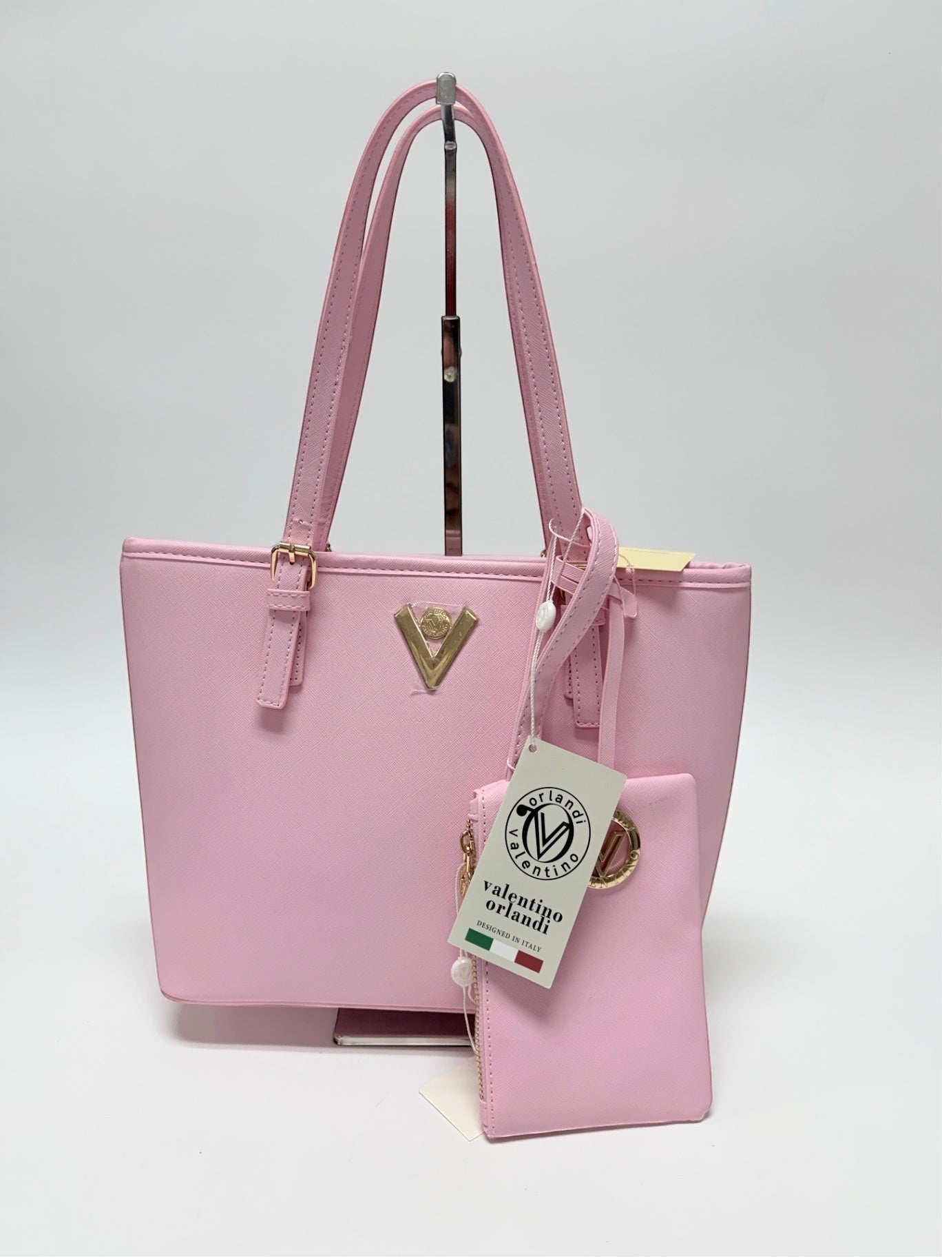 Lynn's Closet Boutique Valentino Orlandi pink textured tote bag with gold hardware and matching accessory pouch.