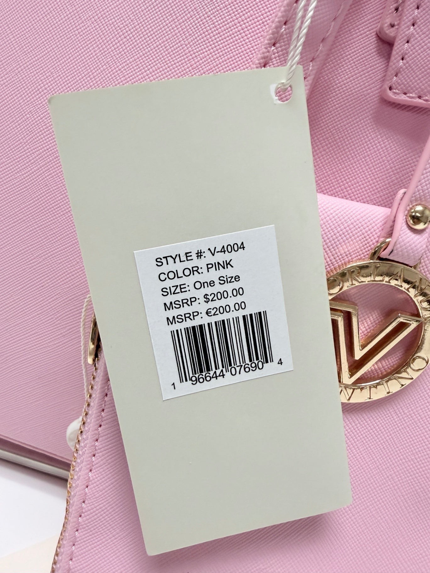 Lynn's Closet Boutique Valentino Orlandi pink textured tote bag with gold logo hardware and original retail tag.