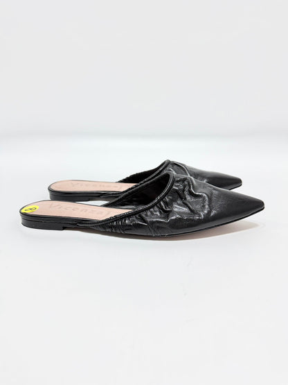 Lynn's Closet Boutique Vicenza black leather mules with ruched texture and pointed-toe design.