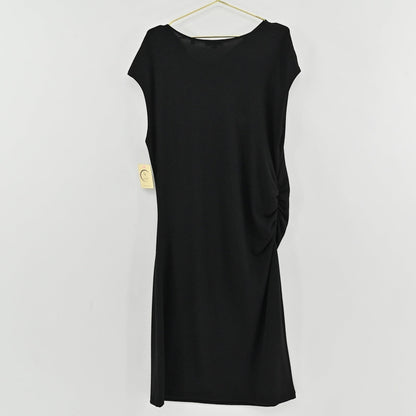 Lynn's Closet Boutique Vince black cowl neck dress with side ruching and cap sleeves hanging on a gold hanger.