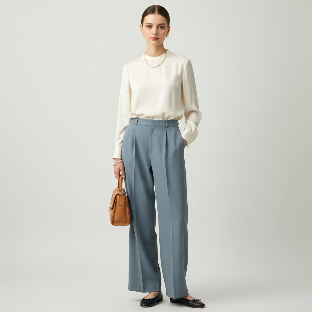 Model wearing Lynn's Closet Boutique Vince blue-grey wide-leg trousers with a cream silk blouse and tan handbag.