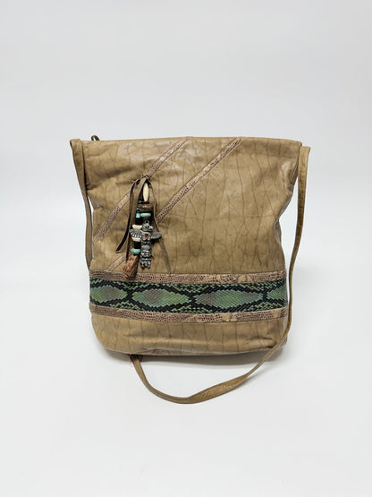 Lynn's Closet Boutique vintage 80s tan leather tote with green snakeskin trim and artisan turquoise beaded charm.