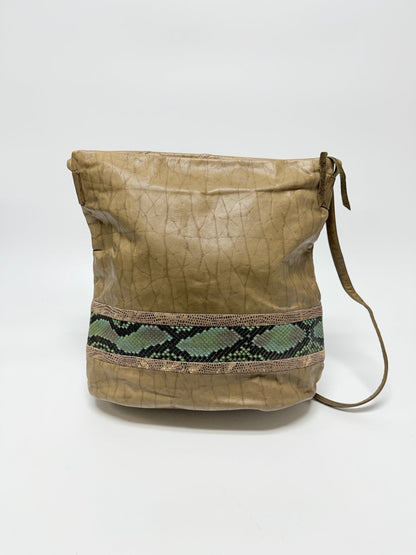 Lynn's Closet Boutique vintage tan leather tote with green snakeskin-embossed trim and bohemian charm detail.