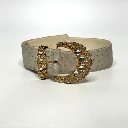 Lynn's Closet Boutique vintage beige ostrich-embossed belt with an oversized gold crescent buckle and clear crystals.