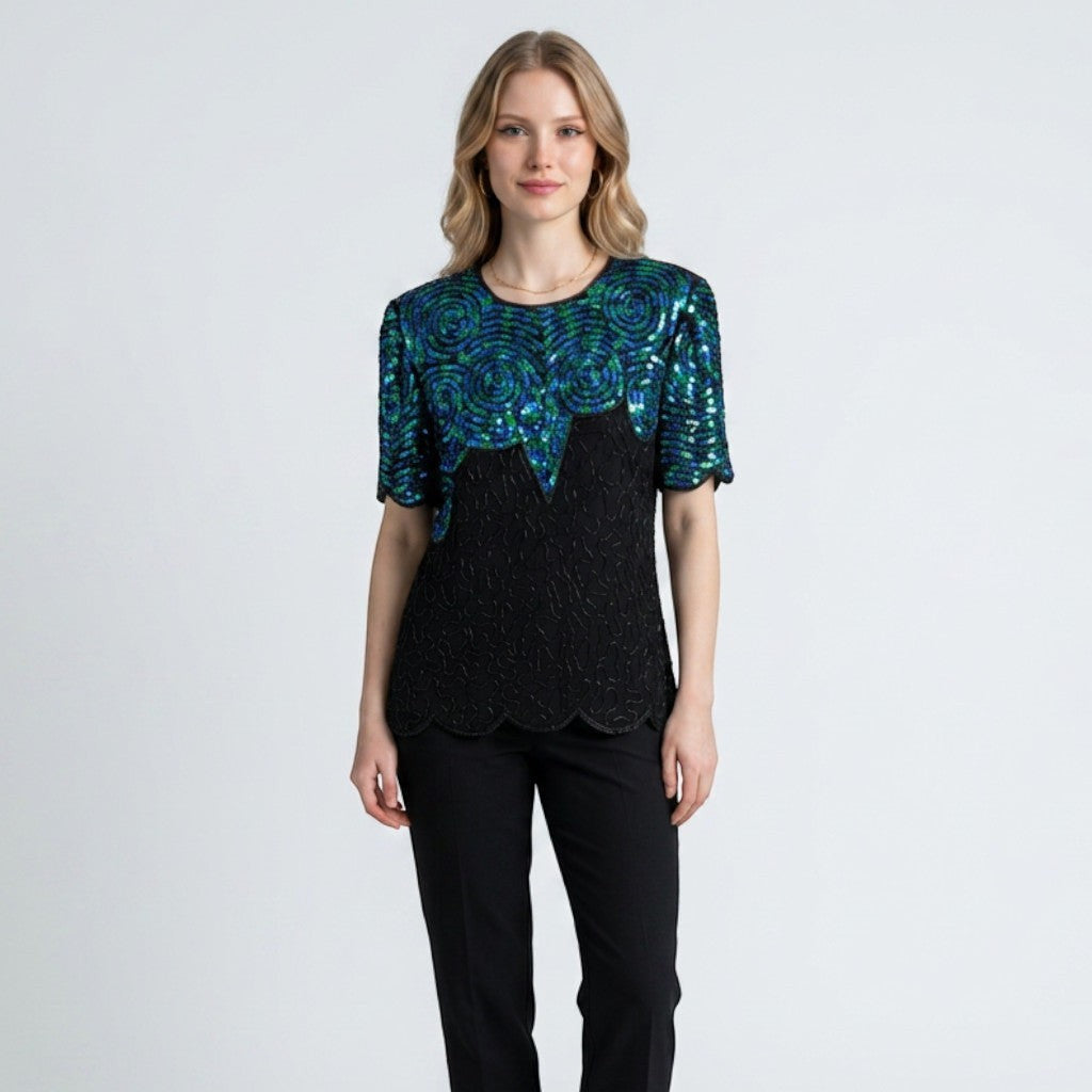 Lynn's Closet Boutique vintage 80s black silk top with iridescent blue and green sequin patterns and scalloped hem