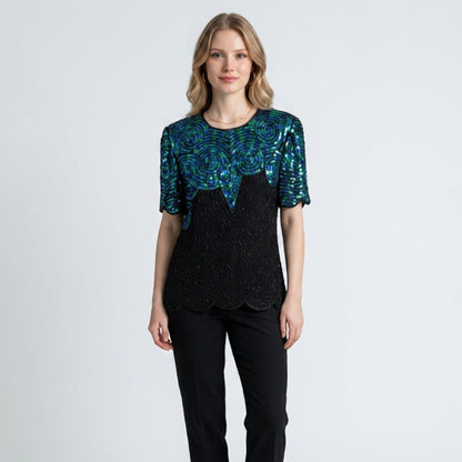 Lynn's Closet Boutique vintage 80s black silk top with iridescent blue and green sequin patterns and scalloped hem